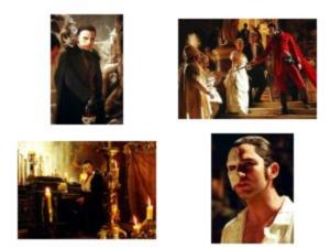 En lille collage med Tha Phantoms mange ansigter, her spillet i denne udgave af Gerard Butler, som er en bedre skuespiller end Michael Crawford dog uden hans flotte stemme.