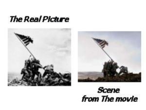 Jeg har fundet det rigtige billede og sat det samme med scenen fra filmen hvor flaget rejses for at illustrere, hvor tæt filmen kommer på virkeligheden – flot arbejde af både Eastwood som instruktør og Tom Stern som fotograf.