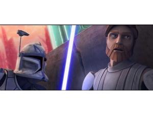 Obi-Wan og en klonsoldat under et slag.